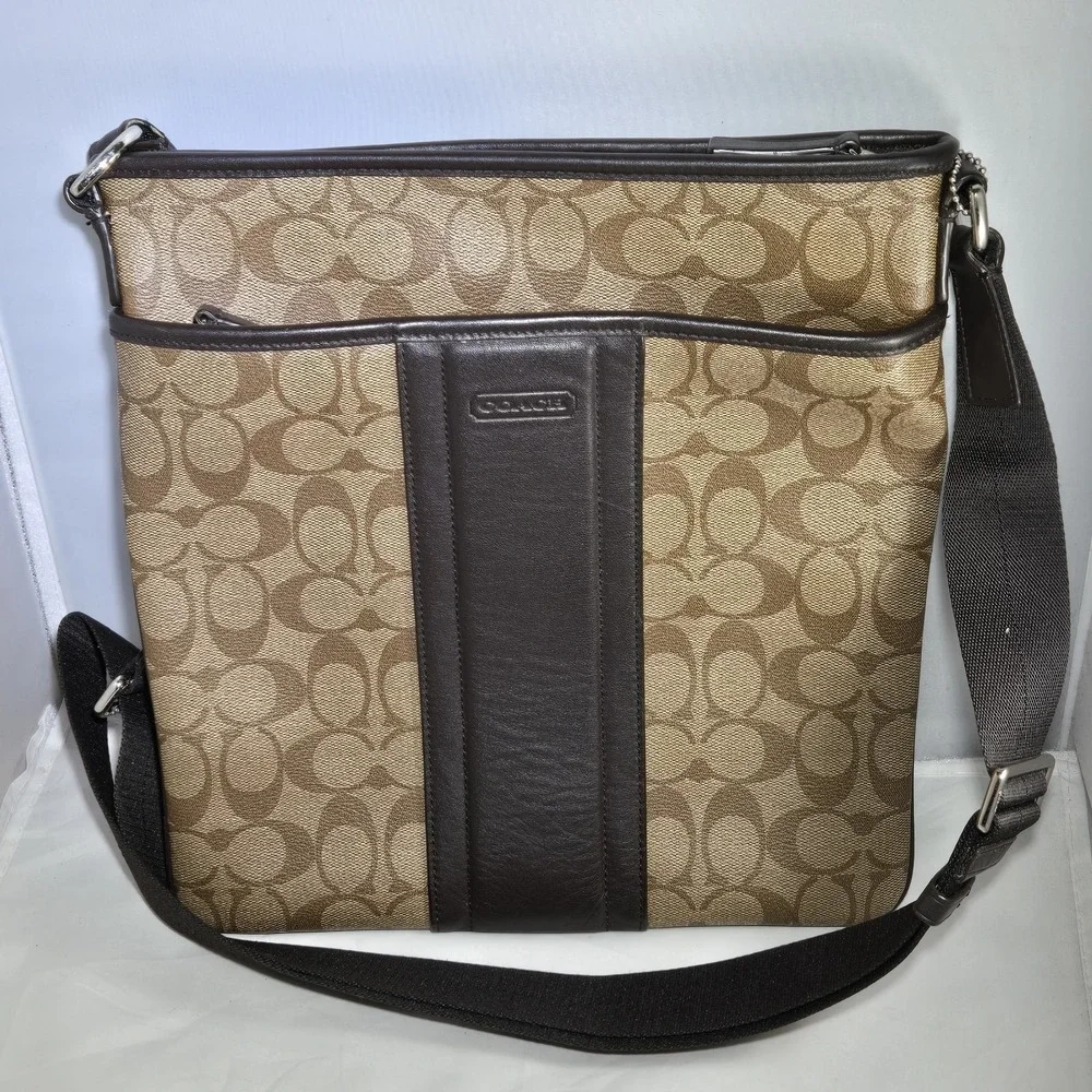 COACH F71131 HERITAGE SIGNATURE SMALL ZIP TOP CROSSBODY Brown‎ Canvas Leather